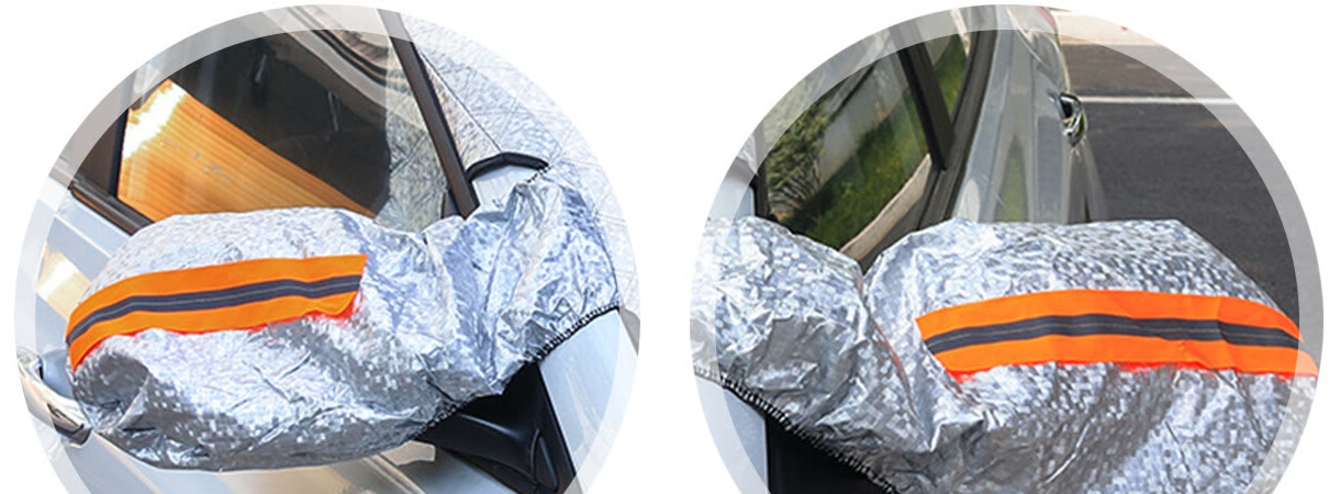 Two side mirrors inside the cover's sleeves, each with an orange reflective strip